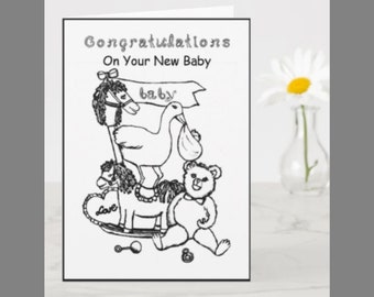 Printable Congratulations Baby Card Digital Download 3 Cards Nursery Toys Line Art Teddy Bear Stork Hobby Horse Rocking Horses Pacifier Art