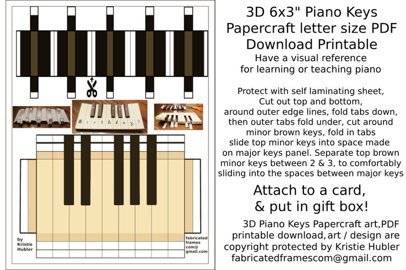 Piano Keys Paper Crafts Printable 3D Papercraft Digital Download 6x3 Inches For Card Gift Learning or Teaching Music image 1