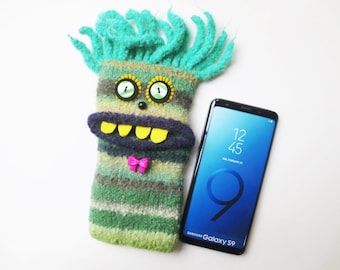 XL Smartphone Monster "Gottfried", gefilzt, Handy Tasche, Hülle, Samsung Galaxy S7 edge, J5, S8, S9...Handymonster, Filz, Wolle, Unikat