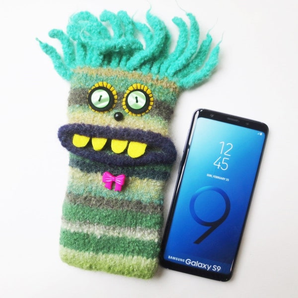 XL Smartphone Monster "Gottfried", gefilzt, Handy Tasche, Hülle, Samsung Galaxy S7 edge, J5, S8, S9...Handymonster, Filz, Wolle, Unikat