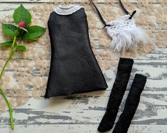 Black Gothic Punk Outfit for 12" Blythe Dolls, blythe halloween outfit, vintage leather dress, stockings, a bag, Blythe's funeral outfit