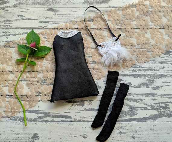 Black Gothic Punk Outfit for 12" Blythe Dolls, blythe halloween outfit, vintage leather dress, stockings, a bag, Blythe's funeral outfit