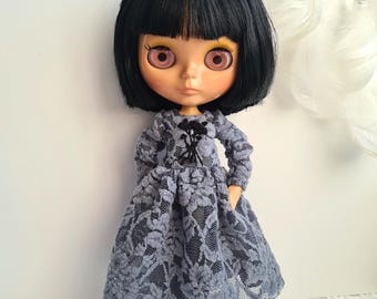 Dark Grey Lace Dress for Blythe Doll: Handmade Floral Embroidery