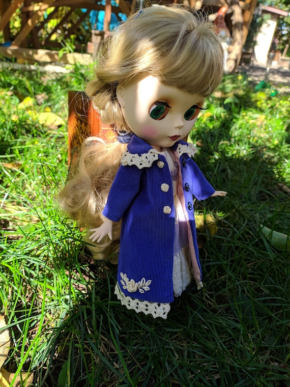 Blue Corduroy Coat for Blythe Doll: Embroidered Doll Clothes