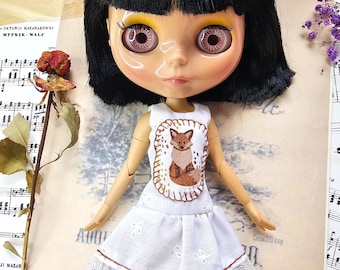 Conjunto de vestido bordado de zorro para muñeca Blythe, ropa Neo Blythe única, atuendo hecho a mano para muñecas de 30 cm, vestido Blythe estilo cottagecore
