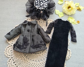 Black Gothic Punk Outfit for 12" Blythe Dolls: Embroidered Coat, Dress & Hat