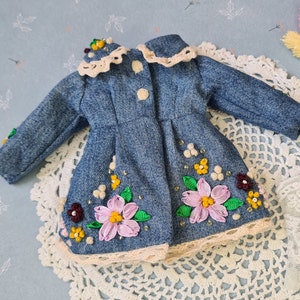 Handmade Blythe Doll Coat and Socks: Embroidered Denim Outfit