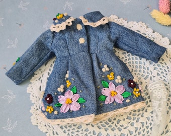 Handmade Blythe Doll Coat and Socks: Embroidered Denim Outfit