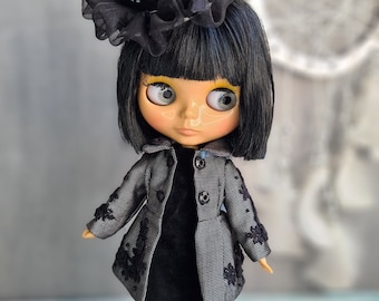 Gothic Punk Outfit for 12" Blythe Dolls: Embroidered Coat, Dress & Hat