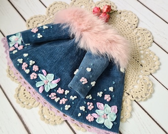 Handmade Blythe Coat & Beret Set: Embroidered Floral Outfit