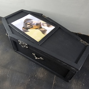 May include: A black, coffin-shaped box with a hinged lid. The lid is open, revealing a framed photograph of a dog. The box has metal hardware and a decorative handle. The photograph is of a dog with brown and black fur.