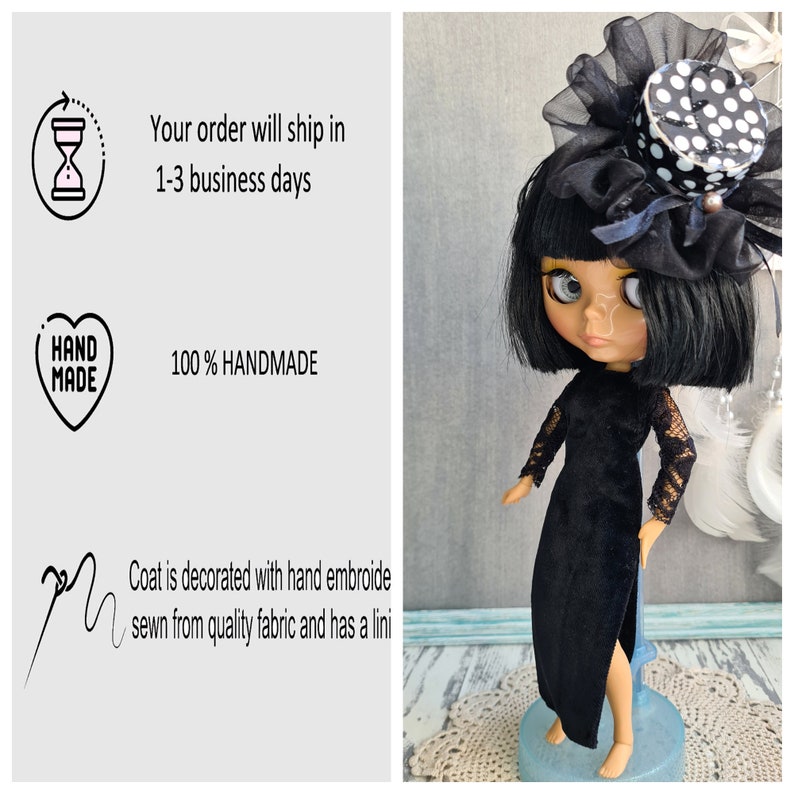 May include: A black doll with black hair and a black velvet dress. The doll is wearing a black and white polka dot hat with a black veil. The doll is standing on a blue and white surface.