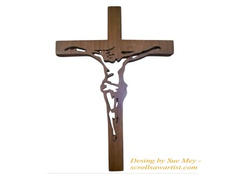Handcrafted wall cross , stained oak , scroll saw cut 24 cm 9,5 in