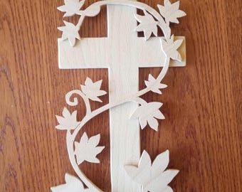 Wooden Christian Cross Wall Decor, Grape Leaf Design, Scroll Saw Cut, Religious Home Art