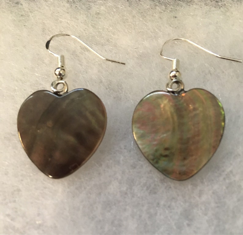 Black Shell Heart Earrings with Sterling Silver Hooks