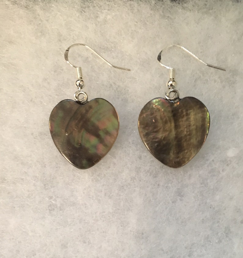 Black Shell Heart Earrings with Sterling Silver Hooks