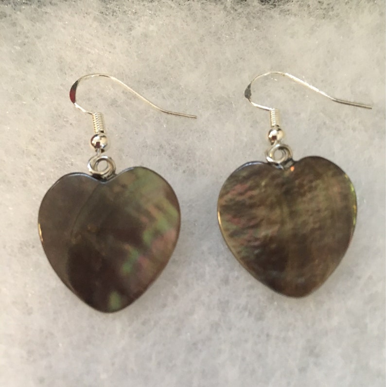 Black Shell Heart Earrings with Sterling Silver Hooks