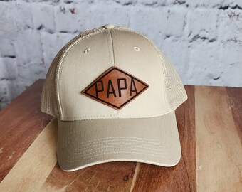 Papa Stamp Hat, Leather Patch, Trucker Style Hat, Grandpa Hat,Men's Snap Back Hat, Multiple colors, Father's Day, Dad Apparel, Gifts for him