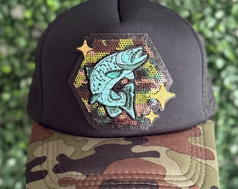Womens Fishing Trucker Hat: Teal Camo Patch, Outdoor Style