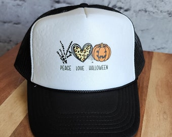 Peace Love Halloween, Black and White Foam Trucker Hat Snap Back, Fall Vibes, Halloween Hat, Pumpkin Patch, Trucker Hat For Women Trendy