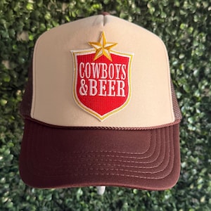 Cute Brown and Tan Snapback Trucker Hat, Cowboys and Beer Patch, Honky Tonk Hat, Nashville Hat for Women, Country Concert Hat, Day Drinking,