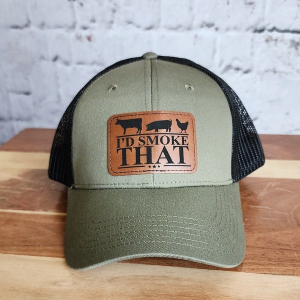 Dad Stamp Hat, Leather Patch, Trucker Style Hat, I'd Smoke That, Men's Snap Back Hat, Army Green, Father's Day, BBQ Grill Master Dad Apparel