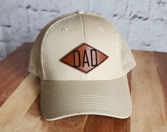 Dad Stamp Hat, Leather Patch, Trucker Style Hat, Men's Snap Back Hat, Multiple colors, Father's Day, Grill Master Dad Apparel, Gifts for him