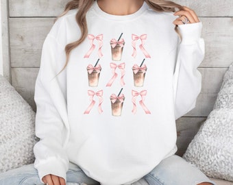 Pink Bow and Iced Coffee, Coquette Comfort Colors Sweatshirt, Trendy Crewneck, Womens Ribbon Sweatshirt, Coquette Pink Bow Pink Ribbon Shirt