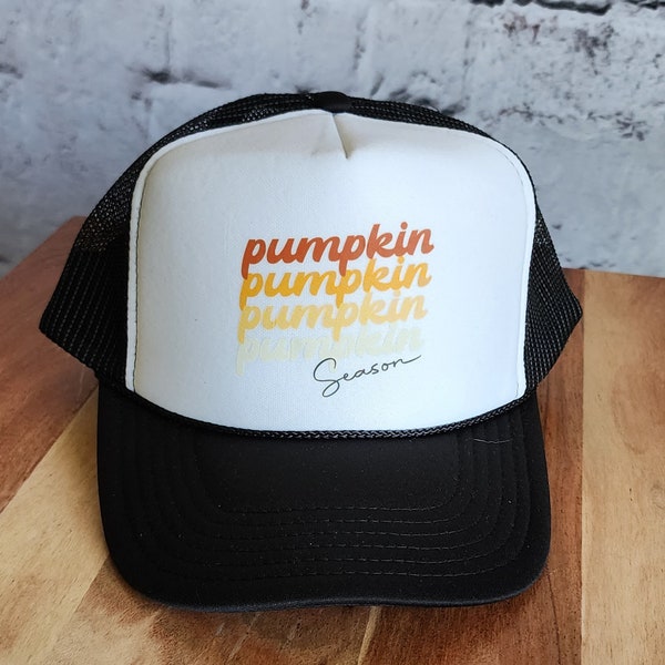 Retro Pumpkin Season Fall Black And White Foam Trucker Hat, Football Season, Pumpkin Spice Latte, Pumpkin Patch Trendy Womens Hat, Vintage