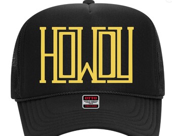 Trendy Black Foam Trucker Hat, HOWDY yellow Lettering, Honky Tonk Hat, Nashville Hat for Men or Women, Country Concert Hat, Day Drinking