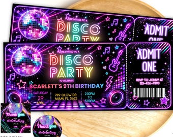 Editable Disco Birthday Ticket Invitation, Neon Dance Party BPP01 (Digital Download)