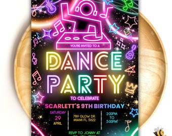 Neon Glow Dance Party Invitation, Birthday Template (Instant Download) US