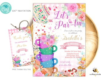 Editable Tea Party Birthday Invitation Pink floral invite, Floral birthday party invite, girl party High tea floral Instant download