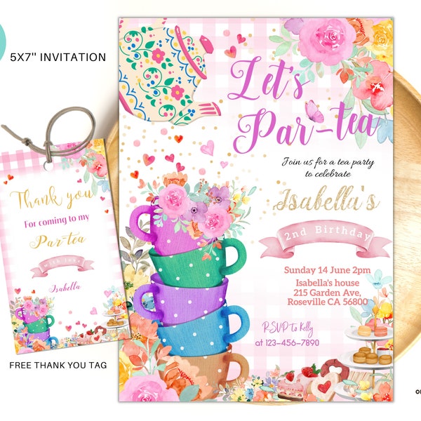 Editable Tea Party Birthday Invitation Pink floral invite, Floral birthday party invite, girl party High tea floral Instant download