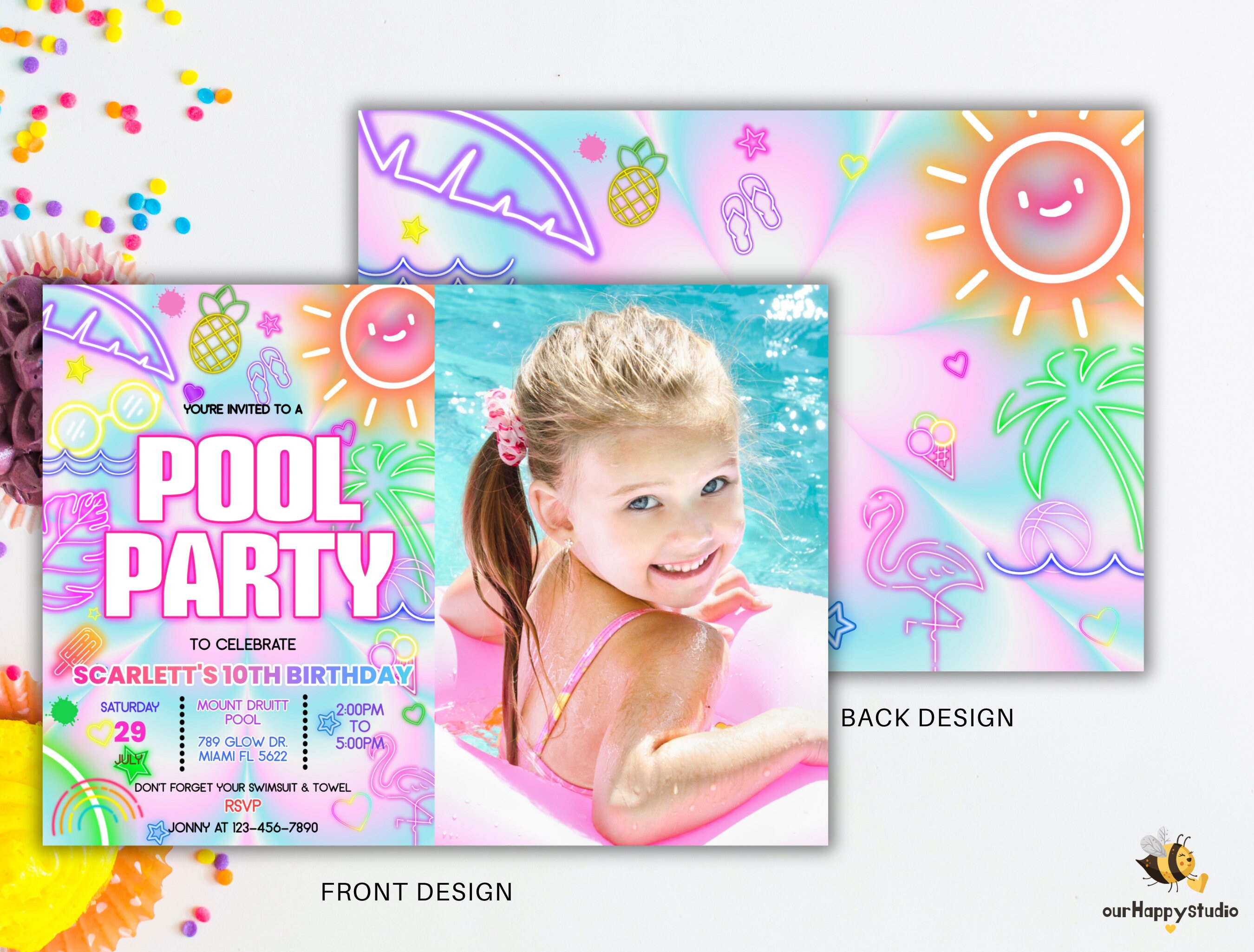 Photo Party Invitations Editable Photo Pool Party Invitation, Glow Neon Invite, Tropical Tie ...