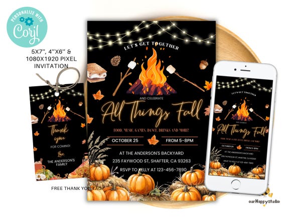 Editable Fall party invitation, All things fall text invitation, Fall event flyer, Fall festival invite, Bonfire invite Evite FP05
