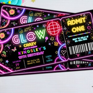 Editable Glow Party Birthday Invitation Ticket, Neon Gender Neutral