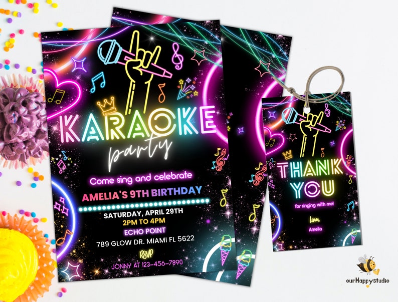 Editable Karaoke Party Birthday Invitation, Glow Karaoke birthday party neon singing music party invite Karaoke and glow instant download 02 image 4