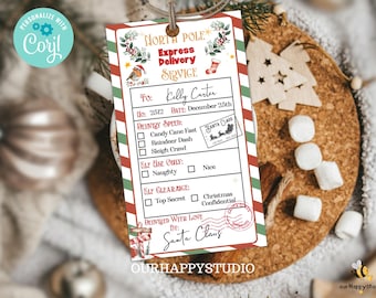 Puede incluir: Una etiqueta de regalo navideña con un borde a rayas rojo y verde. La etiqueta dice "North Pole Express Delivery Service" e incluye casillas de verificación para la velocidad de entrega y el uso por los elfos. Está personalizada para Kelly Carter y firmada por Papá Noel.