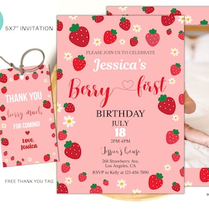 Editable Berry First Birthday Invite template, Strawberry 1st Birthday Invitation, Berry party invite, fruit girl birthday invitation SB01