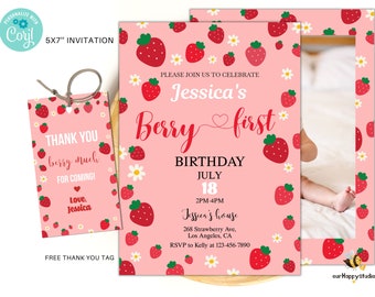 Bearbeitbare Berry First Birthday Invite Vorlage, Erdbeer 1. Geburtstagseinladung, Beere Party einladen, Obst Mädchen Geburtstagseinladung SB01