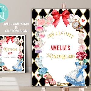 Bearbeitbares Alice im Wunderland-Willkommensschild, Alice in Onederland-Banner, Mädchen-Teeparty-Willkommensschild, Alice- Willkommensschild sofortiger Download A02