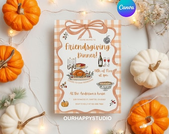 Editable Friendsgiving Dinner party invitation template, Thanksgiving Dinner invite, Thanksgiving Potluck Holiday party Canva template FDG1