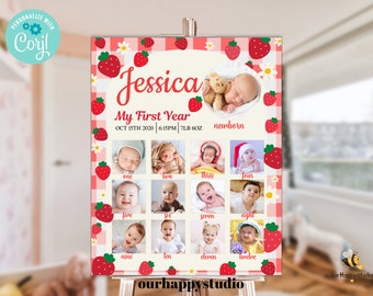 Strawberry Milestone birthday sign, baby's first year poster template, baby 1st birthday milestone board, berry first birthday photo collage