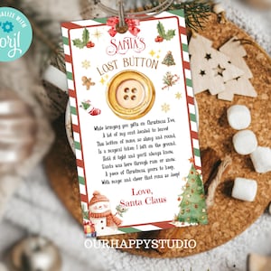 Puede incluir: Una etiqueta de regalo con temática navideña con el texto "Botón perdido de Santa". La etiqueta presenta una ilustración de un botón grande, bordes festivos rojos y verdes y un poema de Santa. También se ilustran un muñeco de nieve y un árbol de Navidad.