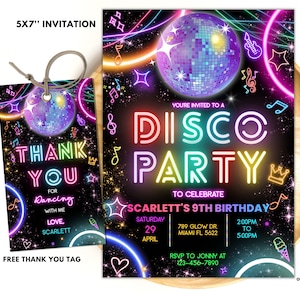 Editable Disco Party Birthday Invitation, Disco Gender Neutral Invites, Dance Party Template, Neon Party Invites Editable Glow Party