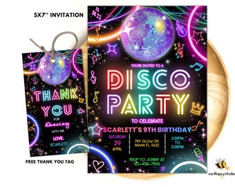 Bewerkbare discofeestverjaardagsuitnodiging, disco genderneutrale uitnodigingen, dansfeestsjabloon, neonfeestuitnodigingen bewerkbare gloedfeest