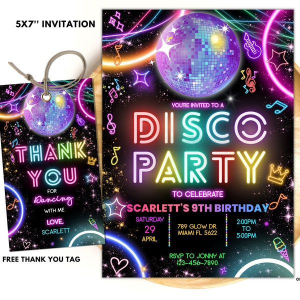 Editable Disco Party Birthday Invitation, Disco Gender Neutral Invites, Dance Party Template, Neon Party Invites Editable Glow Party