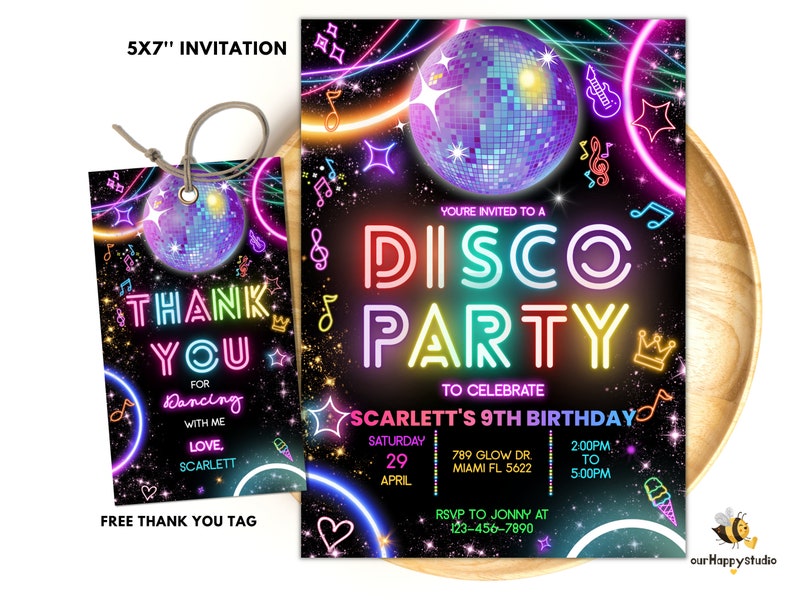 Bewerkbare discofeestverjaardagsuitnodiging, disco genderneutrale uitnodigingen, dansfeestsjabloon, neonfeestuitnodigingen bewerkbare gloedfeest afbeelding 1