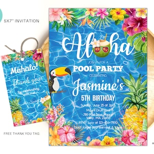Editable Aloha pool party invitation, Hawaiian birthday invite, Tropical birthday pool party instant download P05